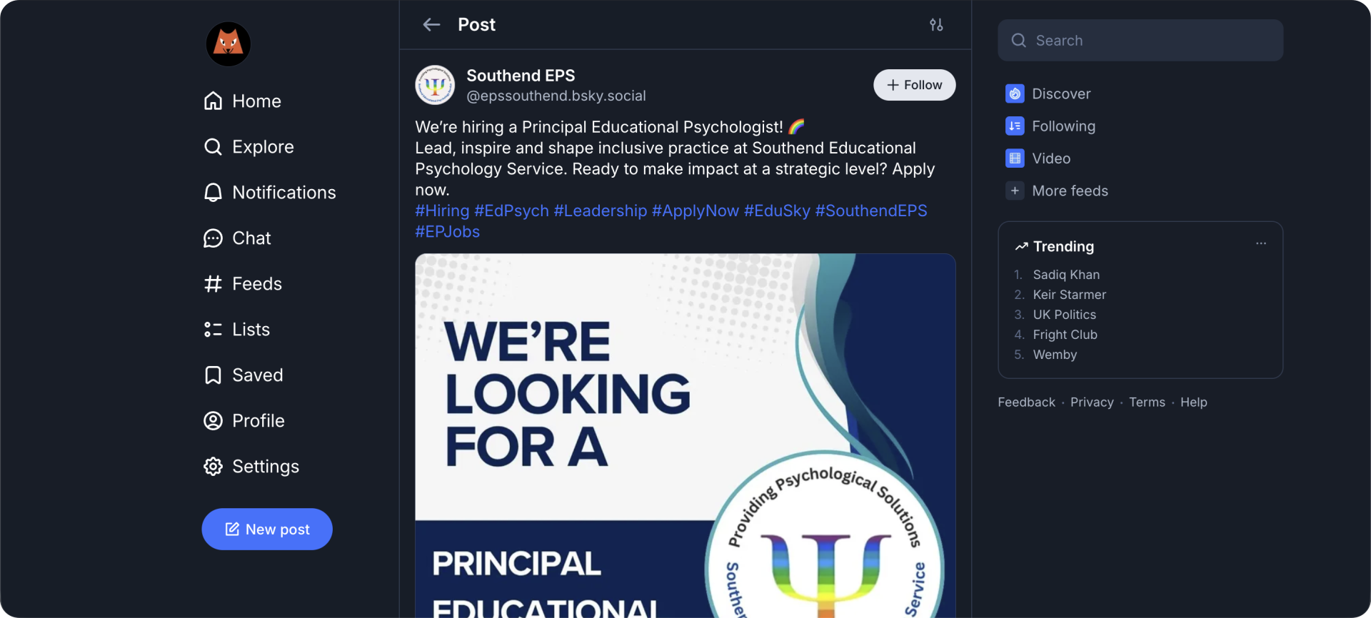 A BlueSky post from Southend EPS announcing a hiring search for a Principal Educational Psychologist, tagged with #Hiring, #EdPsych, #Leadership, #ApplyNow, #EduSky, #SouthendEPS, and #EPJobs