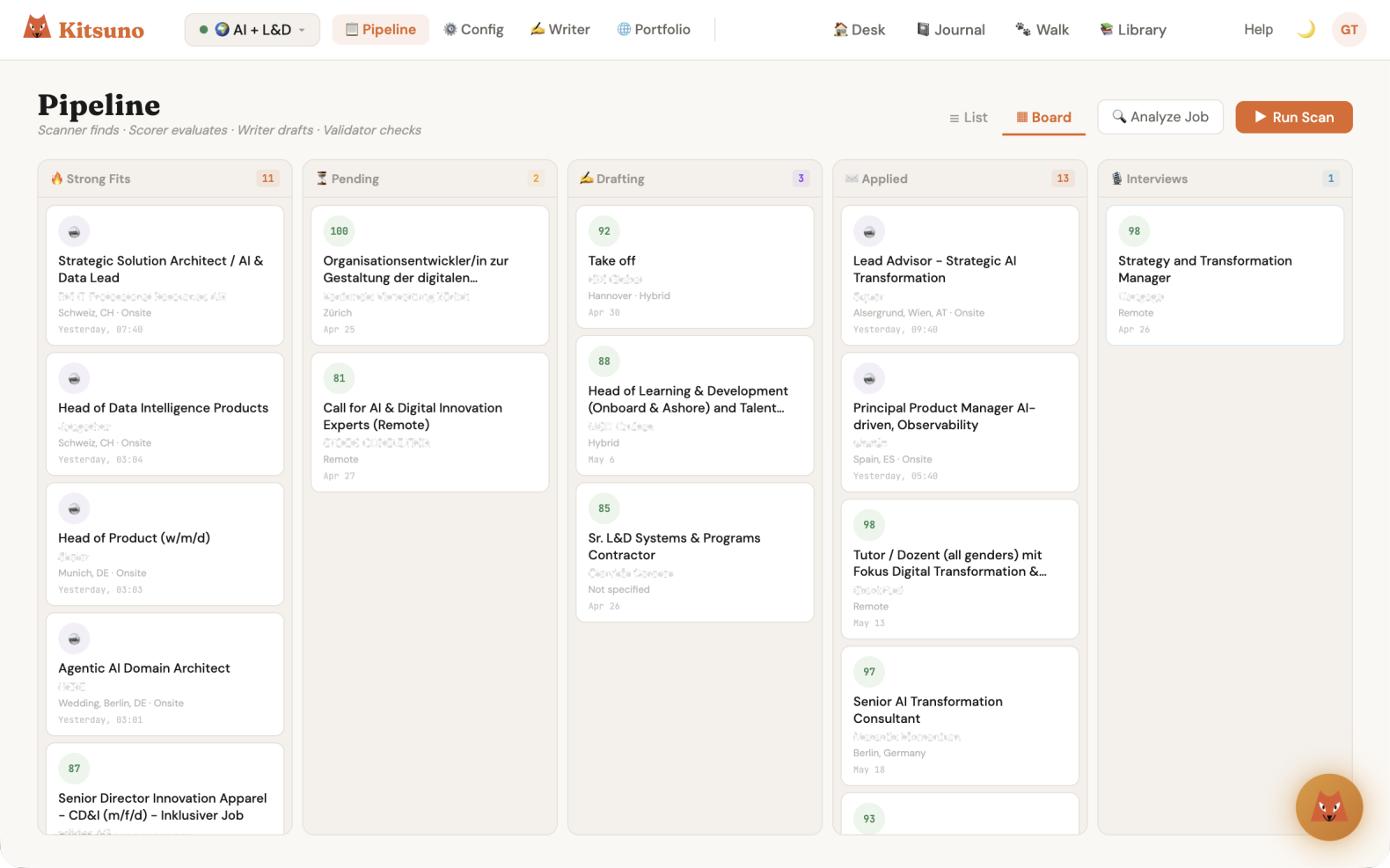 A full Kitsuno pipeline board with scored roles across Pending, Drafting, Applied and Interviews
